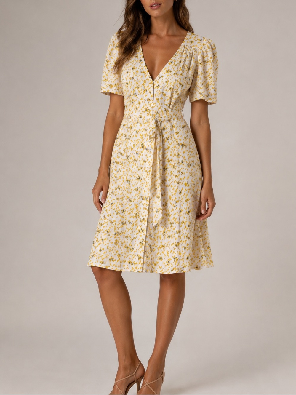 Sessun Floral Tie-Waist Mini Dress Size M Yellow Ivory Button Front French